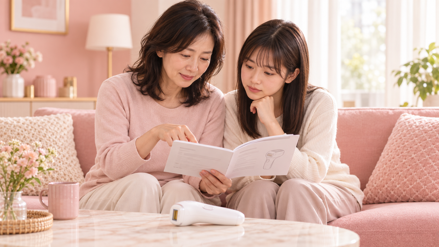 家庭用脱毛器の説明書を一緒に確認する母親と中学生の娘